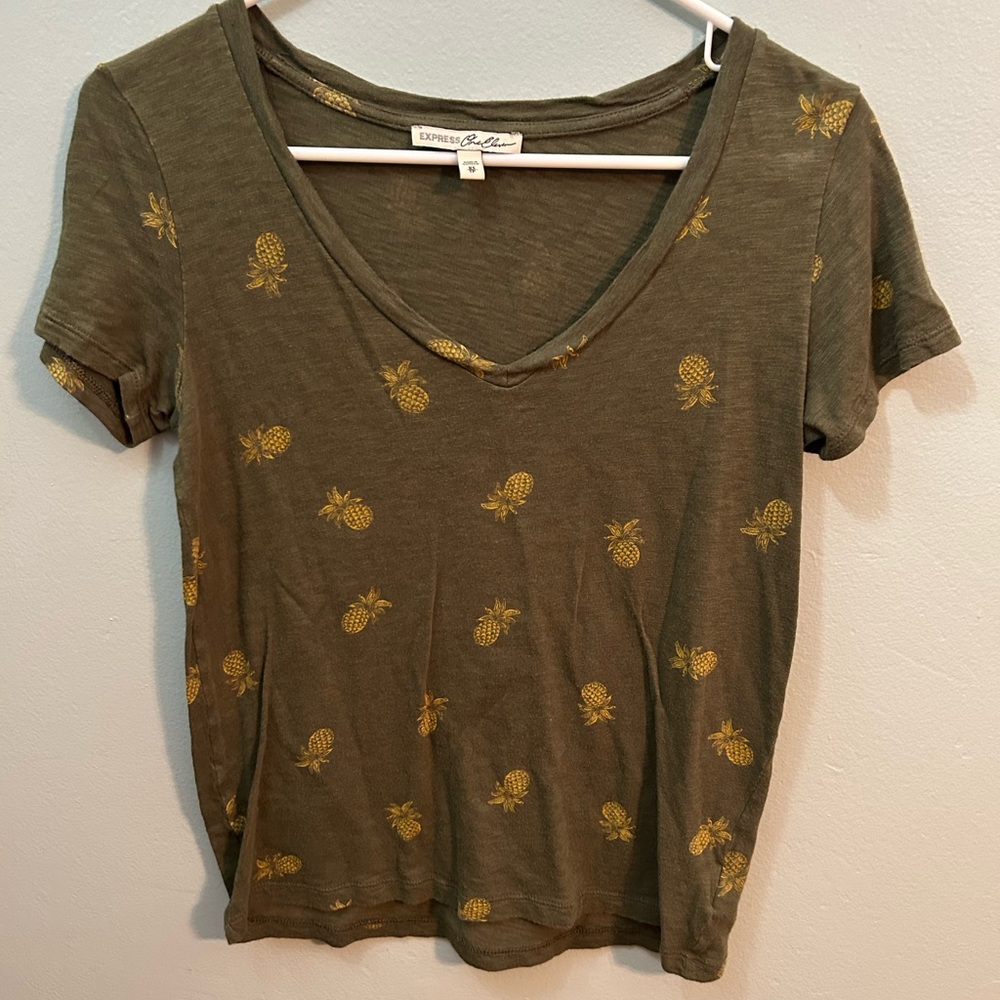 Express Olive Pineapple Print V-Neck Tee
